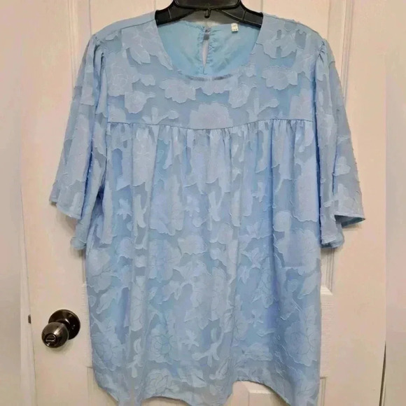 ❤️ Short Bell Sleeve Blouse Crewneck  Medium Tops Floral Blue Textured Shirt - Picture 13 of 13